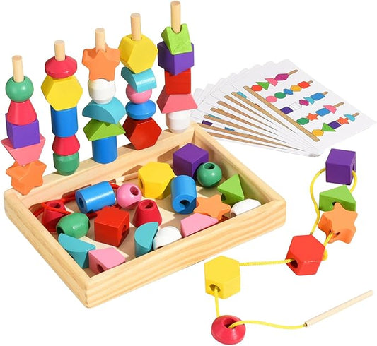 Montessori Bead Sequencing Set for Kids, Wooden Lacing Beads Toys for Toddlers, Matching Color Shape Stacker for 2 3 4 5 Years Old, Preschool Learning Educational Toys Gifts