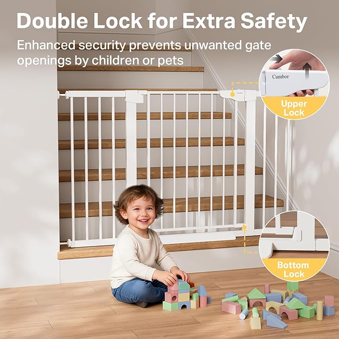 Cumbor 2 Pack 29.7"-51.5" Extra Wide Baby Gate for Stairs, Easy Wall Through Dog Gates for Doorways, Pressure Mounted Pet Gate Indoor, Safety Auto-Close Child Gate for Kids with 4 Wall Cups, White