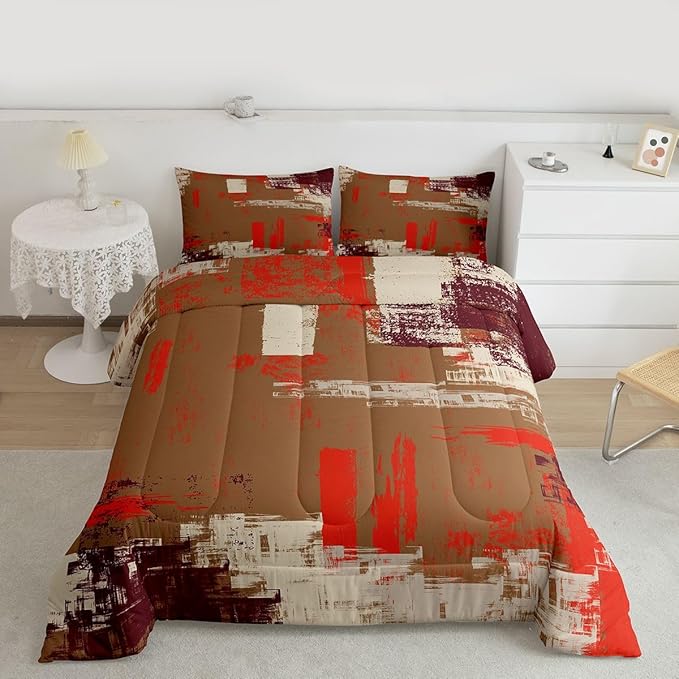 Feelyou Abstract Bedding Set Kids Modern Abstract Art Comforter Set Brown Orange Comforter for Boys Room Decor Lightweight Retro Duvet Set Queen Size with 2 Pillow Case