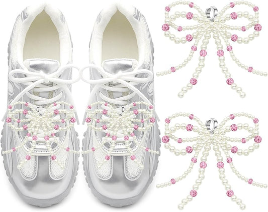 DELELE Pearl Bowknot Shoe Charms: Pearls Bow Sneakers Decorations for Women 2Pcs