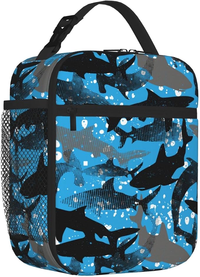 Abstract Sharks Insulated Lunch Bag Kids,Kids Lunch Box for Girls Boys,Bento Lunch Box Cooler Bag with Front Pocket for Women Men,Cute Lunch Tote Bag Lunchbox for Work/Office/School/Picnic