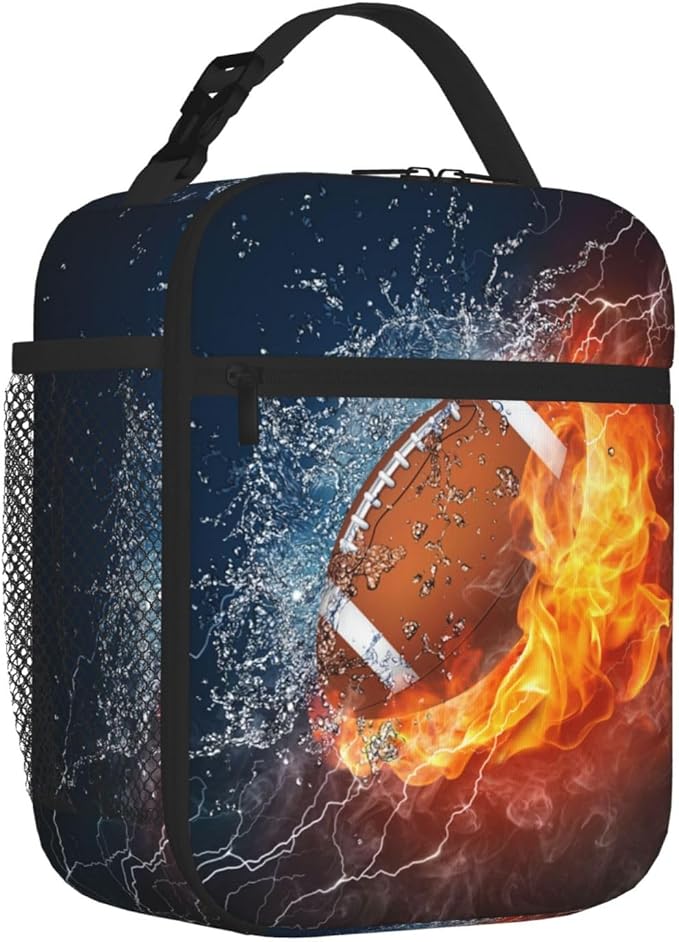 Sports-themed Football Lunch Box for Kids Teens Adults Boys Men, Insulated Leakproof Waterproof Reusable Lunch Bags with Water Bottle Holder, Portable Durable Cooler Tote Bag for School Work Travel