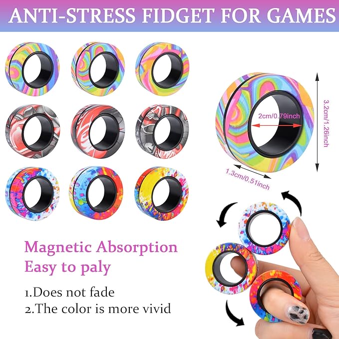Cevioce 9Pcs Magnetic Rings Fidget Toy Set, ADHD Anxiety Magnetic Fidget Toys Adults Fidget Spinner Rings for Relief, Christmas Stocking Stuffers Gifts for 8+ Year Old Teen Boy Adults