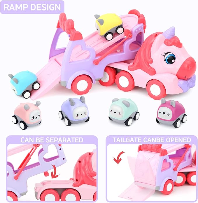 7 in 1 Carrier Truck Toy Cars for Toddlers 1-3, With Lights & Music, Toddler Toys Age 2-4, Gifts for 1 2 3 Year Old Girls Birthday