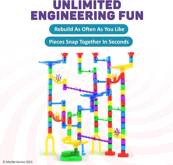 Marble Genius Marble Run Starter Set, STEM Toys & Maze Construction Building - 130 Translucent Track Pieces & Glass Marbles for Family, Kids Toddlers Ages 4-8 - Fun Holiday Gifts