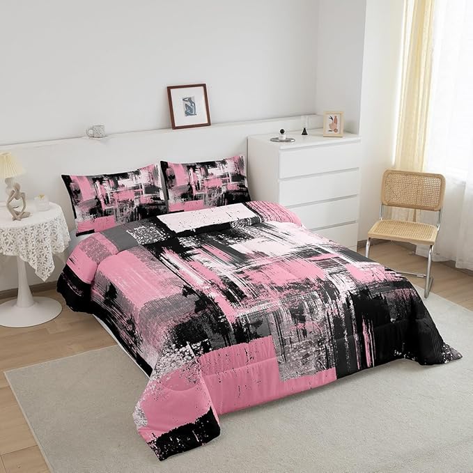Feelyou Pink Black Abstract Duvet Quilt Queen Size Geometric Bedding Set for Kids Boys Girls Decor Modern Comforter Set Breathable Soft Lightweight Microfiber Buffalo Check Bedroom Decor Bedclothes