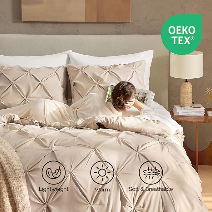 Andency Wheat Comforter Queen Size(90x90Inch), 3 Pieces Lightweight Pinch Pleat Comforter Sets for Queen Bed, Soft Microfiber Bedding Comforter Set(1 Pintuck Comforter and 2 Pillowcases)