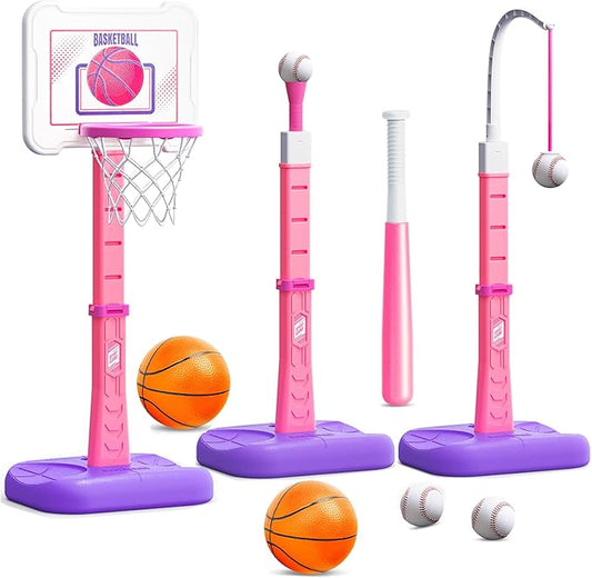 3 in 1 Kids Basketball Hoop and T Ball Set, Adjustable Height Toddler Basketball Hoop, Hanging Tee Baseball, Indoor Outdoor Sports Toys Gifts for Toddlers Boys Girls Ages 3 4 5 Year（Pink