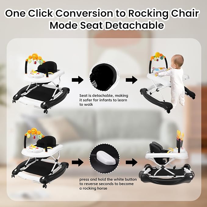 Baby Walker, 5-in-1 Baby Walkers for Boys and Girls 6-12 Months with Bouncer, Removable Footrest, Feeding Tray & Music, Foldable & Adjustable Activity Walker for 6-18 Months Toddler Infant