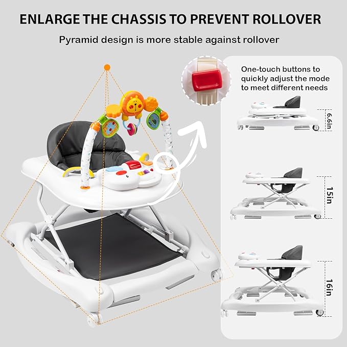 5-in-1 Baby Walker, Baby Walkers for Boys Girls 6-18 Months, Foldable Activity Walker, Toddler Infant Walker with Bouncer, Adjustable Height, Removable Footrest, Feeding Tray, Music