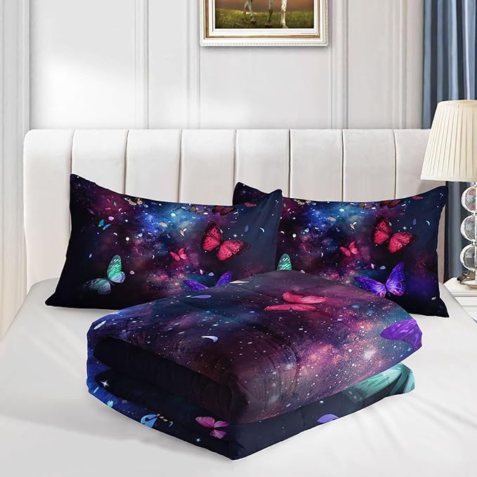 3D Butterfly Comforter Set Starry Sky Galaxy Printed Bedding Set with 1 Comforter and 2 Pillowcases for Boys and Girls Bedroom All Season(Butterfly-2 Twin)