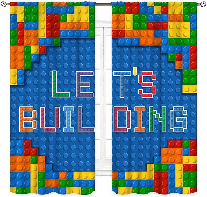 Kids Boys Curtains for Bedroom, Colorful Building Blocks Plastic Brick Pattern Abstract Contour Printed Blue Blackout Drapes for Boys Room Living Room Nursery Party Decor, 63"x63" Inch