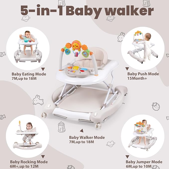 Baby Walker, 5-in-1 Baby Walkers for Boys and Girls 6-12 Months with Bouncer, Removable Footrest, Feeding Tray & Music, Foldable & Adjustable Activity Walker for 6-18 Months Toddler Infant
