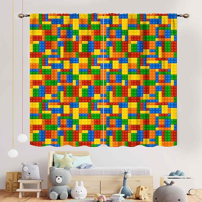 Kids Boys Curtains for Bedroom Building Blocks Curtains, Colorful Plastic Block Building Constructor Brick Blackout Window Treatments for Playroom Living Room Nursery, 84"x84" Inch