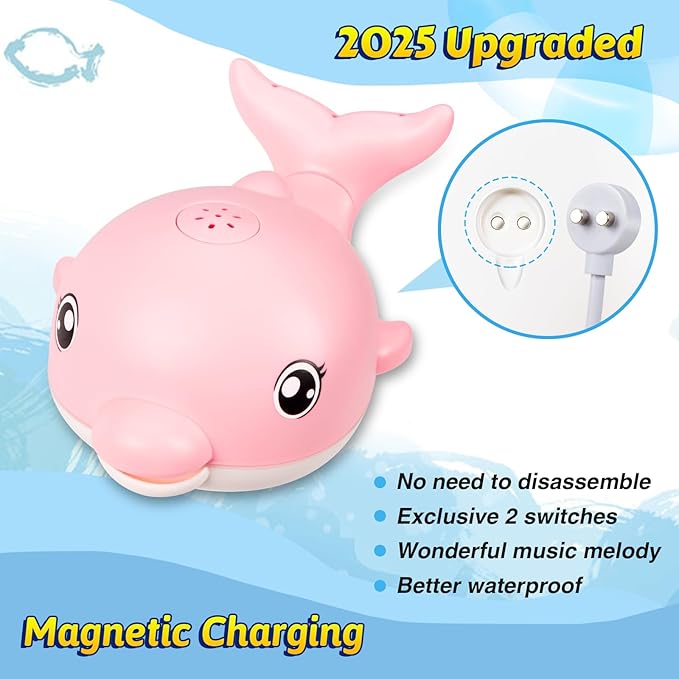 Baby Bath Toys, 2025 Upgraded Magnetic Charging Toddler Bath Toys for Kids Ages 1-3, Light Up Dolphin Bath Toy Sprinkler, Birthday Gifts Infant Baby Toys 6-12-18 Months- Pink