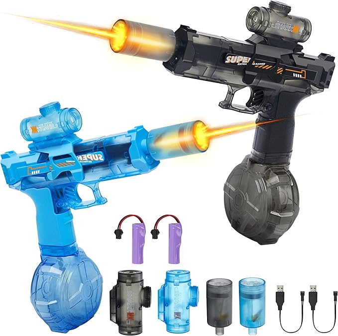 2 Packs Electric Water Gun Fire Flash Upgraded, Water Pistol Toy Squirt Gun for Kids Adults(320 Capacity Each), Summer Outdoor Toy Yard Beach Swimming Water Play Toys (Black&Blue)