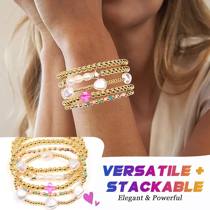 AICase for Korea-Pop Christian Gold Bracelets 5 Pcs Stackable Stretch Friendship Beaded Pearl Cross Bracelets k pop Costume Trendy Jewelry Gifts for Fans Women Birthday Christmas Stocking_63