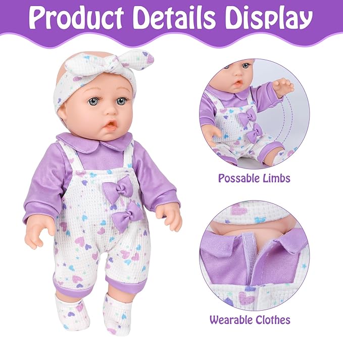 12" Baby Doll with Flower Pattern Backpack Carrier,12 Inch Realistic Baby Dolls with Clothes and Accessories Hanky Pacifier Bottle Diaper Toy Pretend Play Collection for 3+ Child Girls Gifts
