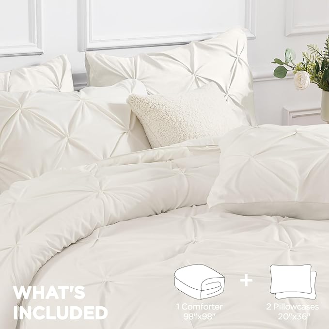 Andency Ivory Comforter Set Oversized Queen(98x98Inch), 3 Pieces Comforter for Girls Kids, Soft Microfiber Pinch Pleat Comforter Set, All Season Lightweight Bedding Set