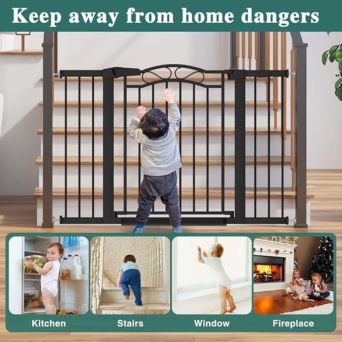 Fairy Baby 29.53"-32.28" Wide Baby Gate with Door, Walk Through Baby Gates for Stairs Pressure Mounted no Drill, Indoor Tension Metal Pet Dog Gate, Auto Close Child Safety Gate, Black
