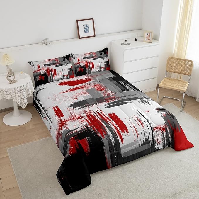 Feelyou Abstract Comforter Modern Abstract Art Comforter Set for Boys Girls Children Red Grey Black Pattern Bedding Set Room Decor Toddler Size Duvet Set 2Pcs