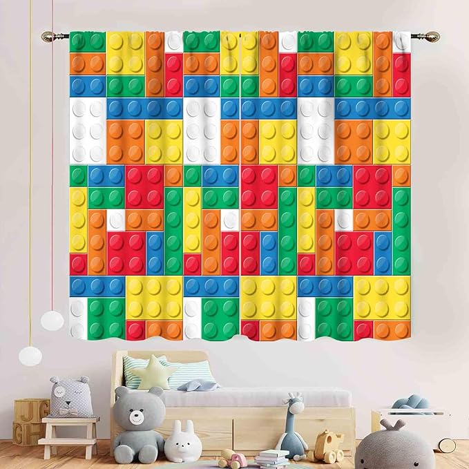 Boys Curtains for Bedroom Building Blocks Curtains, Colorful Plastic Block Building Constructor Brick Blackout Window Treatments for Boys Kids Girl Baby Room Living Room Nursery, 42"x63" Inch