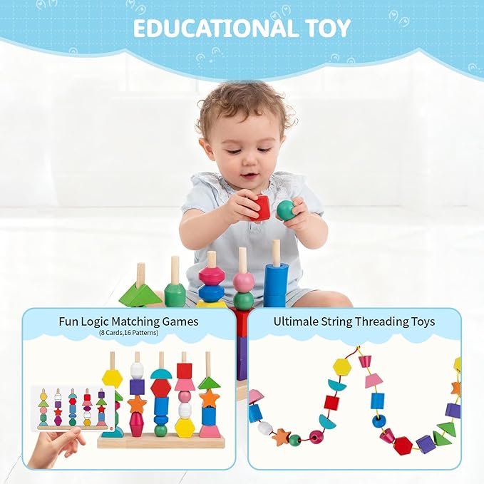 Montessori Toys for 2 3 4 Year Old, Wooden Beads Sequencing & Stacking Toy Set, Lacing Beads and Matching Shape Stacker, STEM Preschool Learning Toy Birthday Gift