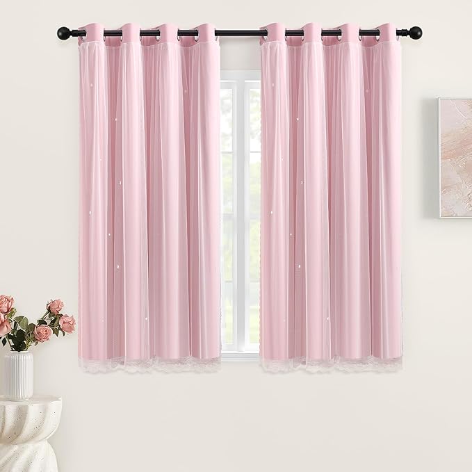 XiDi Baby Pink Blackout Curtains - Bedroom Window Treatment Curtains Thermal Insulated Room Darkening Drapes for Living Room Kitchen Grommet Top Light Blocking Drapery, 52 x 45 Inches Long, 2 Panels