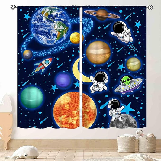 Space Curtains, Kids Boys Solary System Universe Outer Space Planet Astronaut Galaxy Blackout Window Drapery Treatments for Living Room Nursery Playroom 2 Panels, 42"x63" Inch