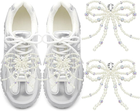 DELELE Pearl Bowknot Shoe Charms: Pearls Bow Sneakers Decorations for Women 2Pcs