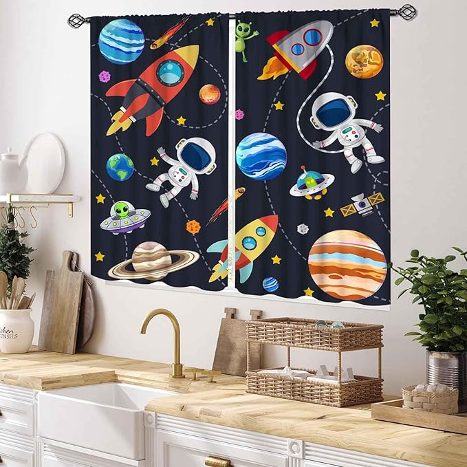 Kids Space Curtains for Boys Room, Cartoon Universe Galaxy Space Planet Astronaut Anime Boys Kids Girls Window Drapery Treatments for Bedroom Living Room Nursery 2 Panels, 55x39 Inch