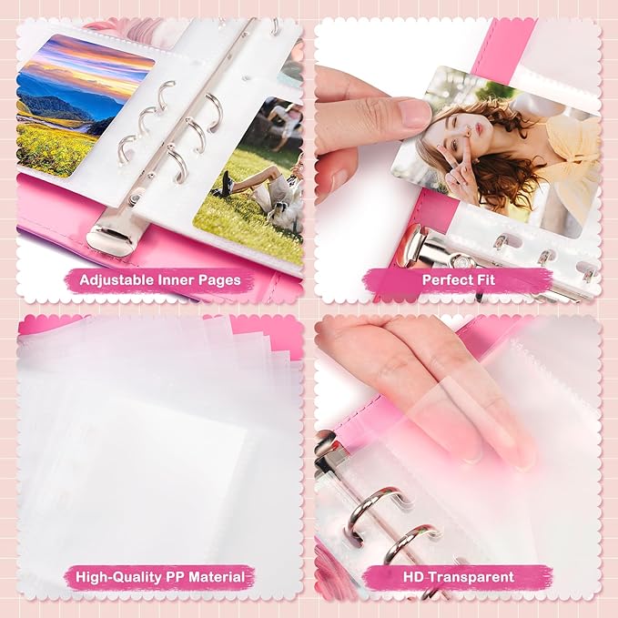 A5 Kpop Photocard Binder, PU Leather 6-Ring Album with Magnetic Closure, Includes 30 Pack 4-Pocket Pages for 240 Cards, Card Holder for Trading and Collectible Cards (Rose)