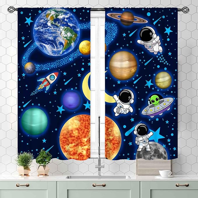 Space Curtains, Kids Boys Solary System Universe Outer Space Planet Astronaut Galaxy Blackout Window Drapery Treatments for Living Room Nursery Playroom 2 Panels, 55x39 Inch