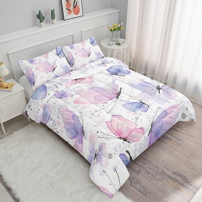 Kids Comforter Set Butterflies Printed Pattern Bedding Set with 1 Comforter and 2 Pillowcases for Girls Boys Bedroom All Season(Butterflies Full)