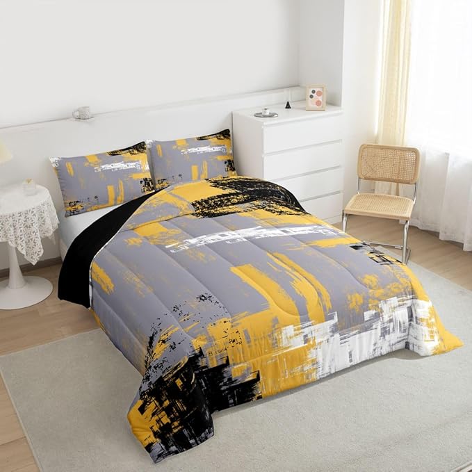 Feelyou Abstract Bedding Set Kids Modern Abstract Art Comforter Set Yellow Grey Black Comforter for Boys Room Decor Lightweight Retro Duvet Set Full Size with 2 Pillow Case