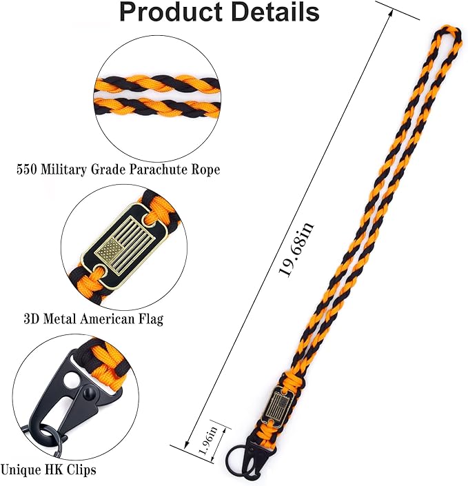 Heavy Duty Braided Paracord Lanyard Keychain with USA Flag, Parachute Rope Necklace Keychains, Braided Strong Lanyard