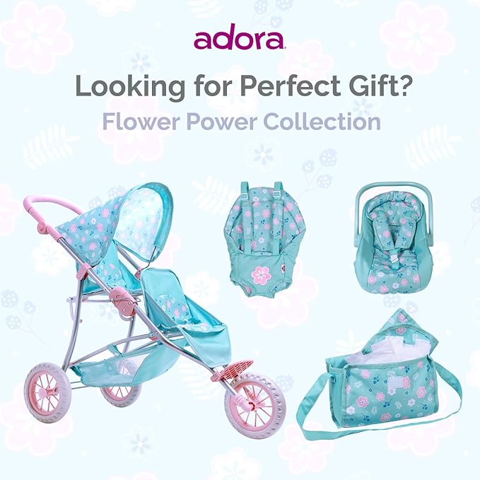ADORA Baby Doll Diaper Bag with Sturdy Straps, Includes Changing Mat and 2 Doll Diapers (Fits 13" Dolls), Birthday Gift for Ages 3+ - Blue Flower Power