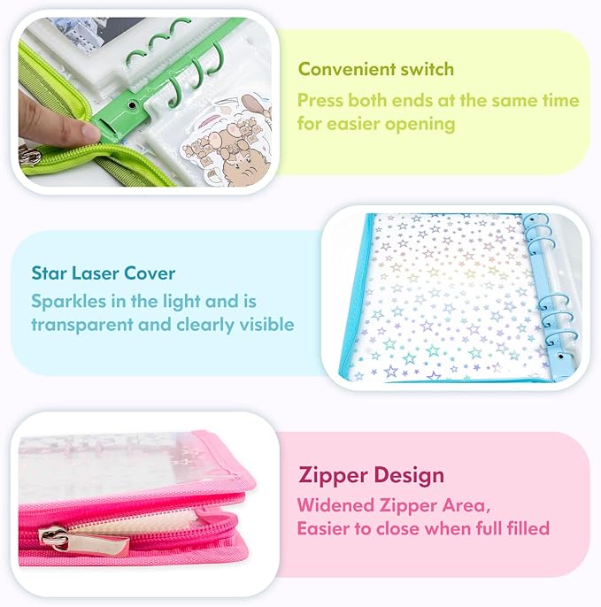 Kpop Photocard Binder Holder with 30 Pack 4-Pocket Inner Pages, A5 6 Ring Cover Album Book with Zipper for Organizing Trading Card (Green)