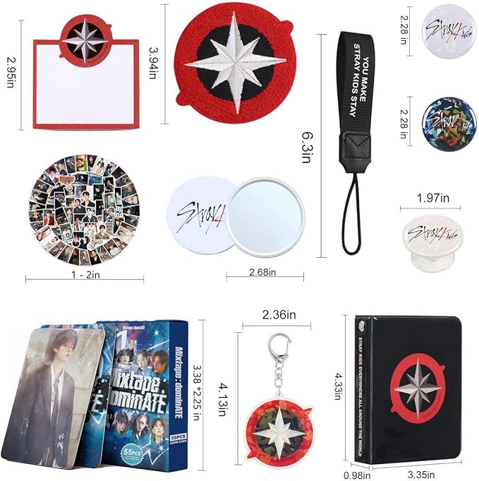 Skz Merch Stray Fans Gifts Set,Including Photocards, Stickers,Photocards Binder, Coaster,Lanyard,Sticky Notes,Keychain, Pins,Mirror
