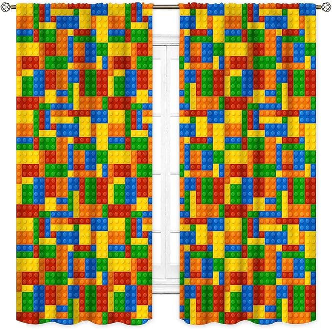 Kids Boys Curtains for Bedroom Building Blocks Curtains, Colorful Plastic Block Building Constructor Brick Blackout Window Treatments for Playroom Living Room Nursery, 84"x84" Inch