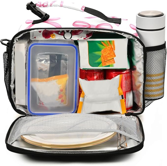 ALAZA Pink Bows Girls Lunch Box Kids Lunchbox Insulated Reusable Meal Container Lunchbag with Shoulder Strap