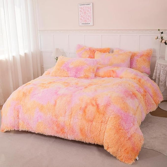 PERFEMET Orange Fluffy Comforter Queen Size 3 Pieces Colorful Faux Fur Shaggy Bedding Set Girls Teen Tie Dye Furry Bedding Ultra Soft Comfy Velvet Plush Bed Set(Orange Pink, Queen)