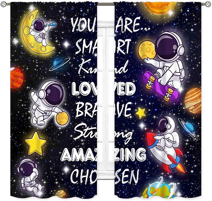 Kids Space Curtains for Boys Room, Cartoon Universe Galaxy Space Planet Astronaut Inspirational Quotes Learning Kids Window Drapery Treatments for Bedroom Living Room Nursery 2 Panels, 42"x54" Inch