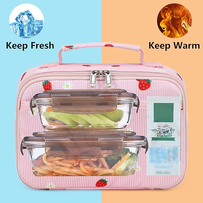 LEDAOU Lunch Box Kids Insulated Lunch Bag Girls Boys Toddler Reusable Lunchbox for School Picnic Hiking (Strawberry-Pink)