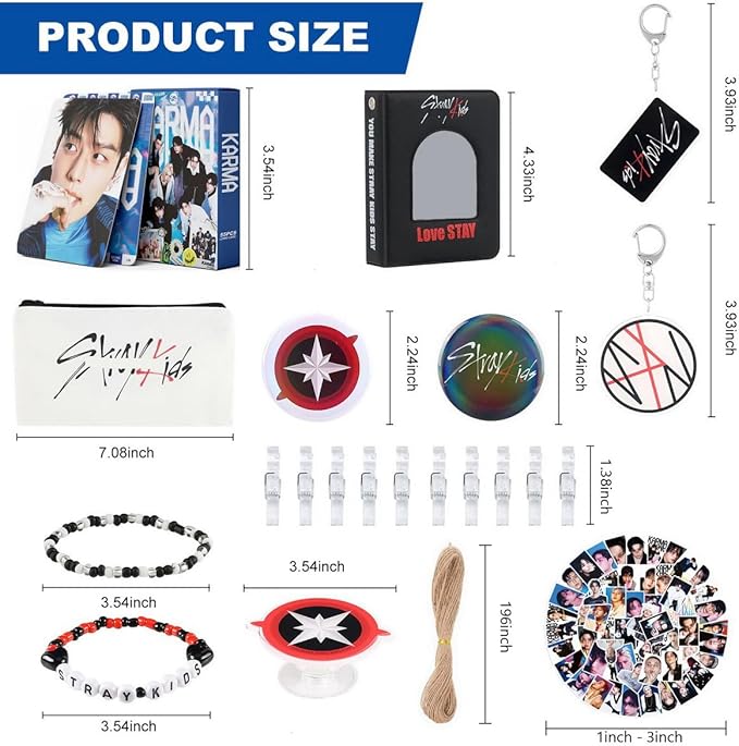 Stray Gifts Set, Including Postcards, Photo cards Binder, Stickers, Keychain, Pins, Beaded Bracelet, Coin Pouch, Phone Ring Holder,Hemp Rope and Transparent Clip for Skz's Stay Fans Gifts Merch