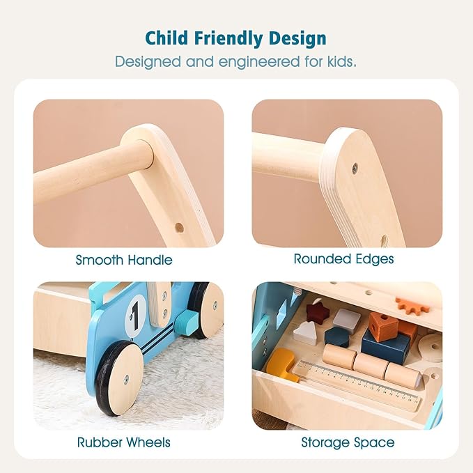 Wooden Baby Walker Adjustable Height with Tool Bench and Toy Storage Wagon - Multifunctional Toddler Push Walker Ergonomically Designed for Natural Walking - 3+ Years of Continuous Use