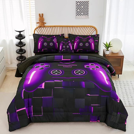 PERFEMET 6 Pieces Bed in A Bag Gamer Comforter Set Queen Size Purple Gaming Bedding Set for Boys Kids Teen Soft Lightweight Video Game Black Quilt Bedspread Set(Purple, Queen)