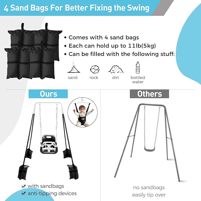 FUNLIO 2 in 1 Swing Set for Toddler & Baby Jumper, Heavy Duty Kids Swing & Bouncer with 4 Sandbags, Foldable Metal Stand for Indoor/Outdoor Play, Easy to Assemble and Store - Black