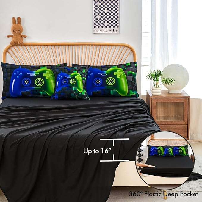 PERFEMET Gamer Comforter Queen Set 6 Pieces Blue and Green Game Console Boys Bedding Set with Sheets Soft Fluffy 3D Video Game Bed in a Bag for Kids Teen(Blue Green, Queen)
