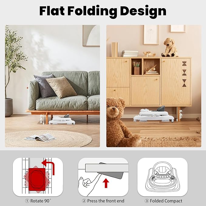 5-in-1 Baby Walker, Baby Walkers for Boys Girls 6-18 Months, Foldable Activity Walker, Toddler Infant Walker with Bouncer, Adjustable Height, Removable Footrest, Feeding Tray, Music